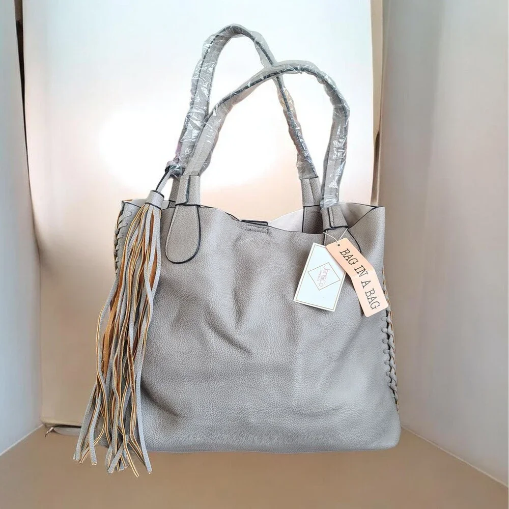 Jen Co Tote Large Gray Bag In A Bag Tassel Pouch Purse Vegan Faux Leather Beige - Picture 1 of 16